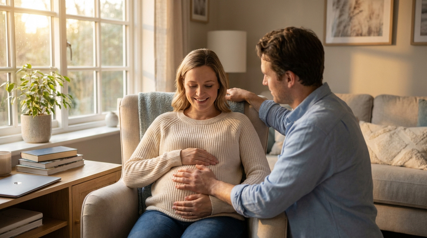 Pregnant woman smiles, touching her belly, as her partner gently supports her in a warm, sunlit living room with books and a laptop nearby.