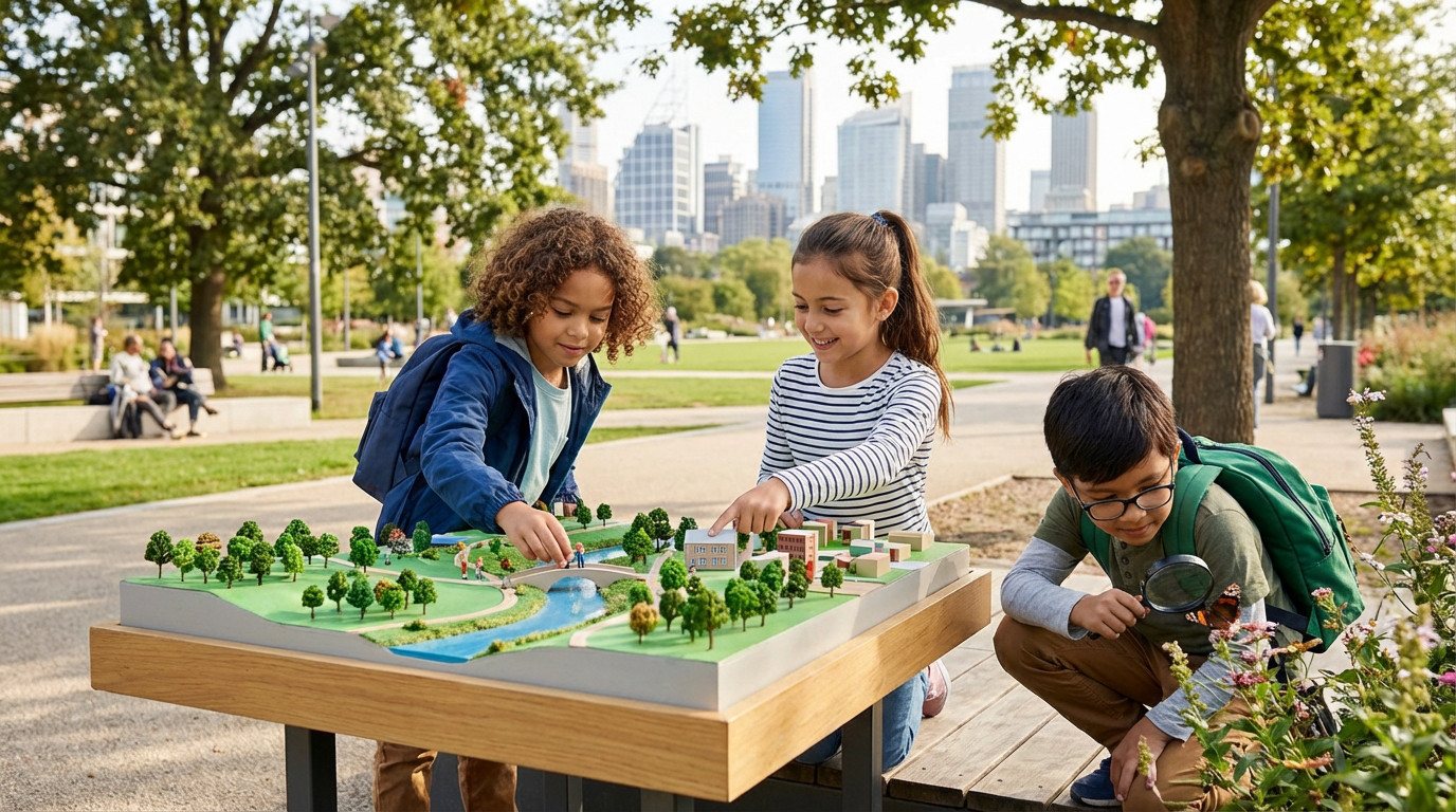 Three diverse children engage with an urban park model and nature in a sunny park, with city buildings blurred in the background.