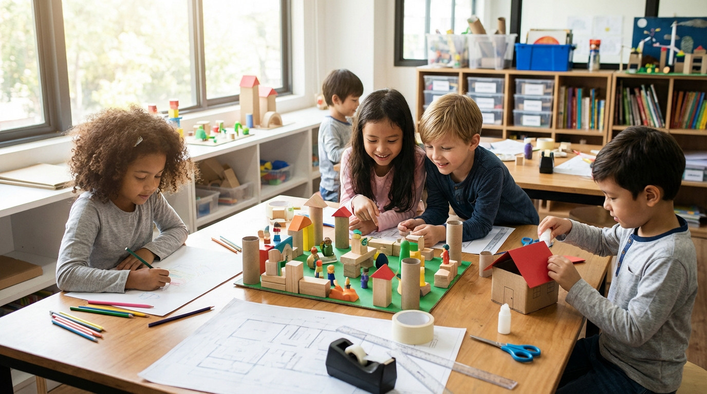 Diverse children building a miniature city model with blocks and cardboard in a bright architecture workshop. One child draws, another glues a roof.