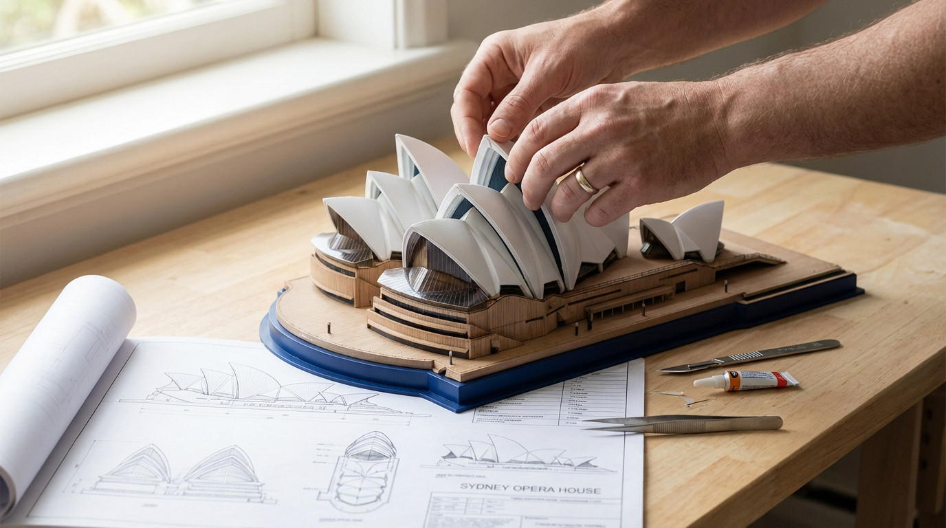 Hands delicately assemble a detailed Sydney Opera House model, placing a white sail. Blueprints and tools are on a light wooden workbench.