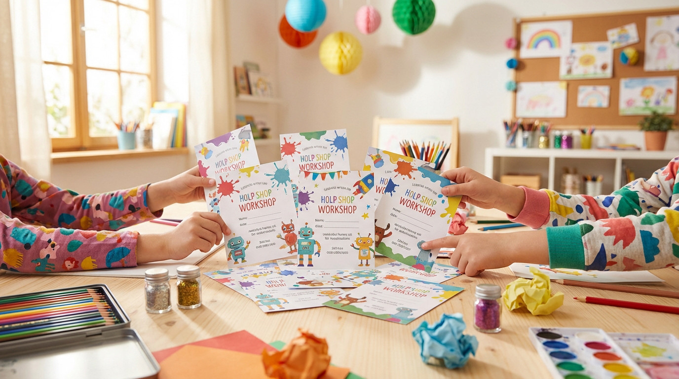 Children's hands holding vibrant workshop invitations and pointing at details on a light wooden table surrounded by art supplies in a bright workshop.