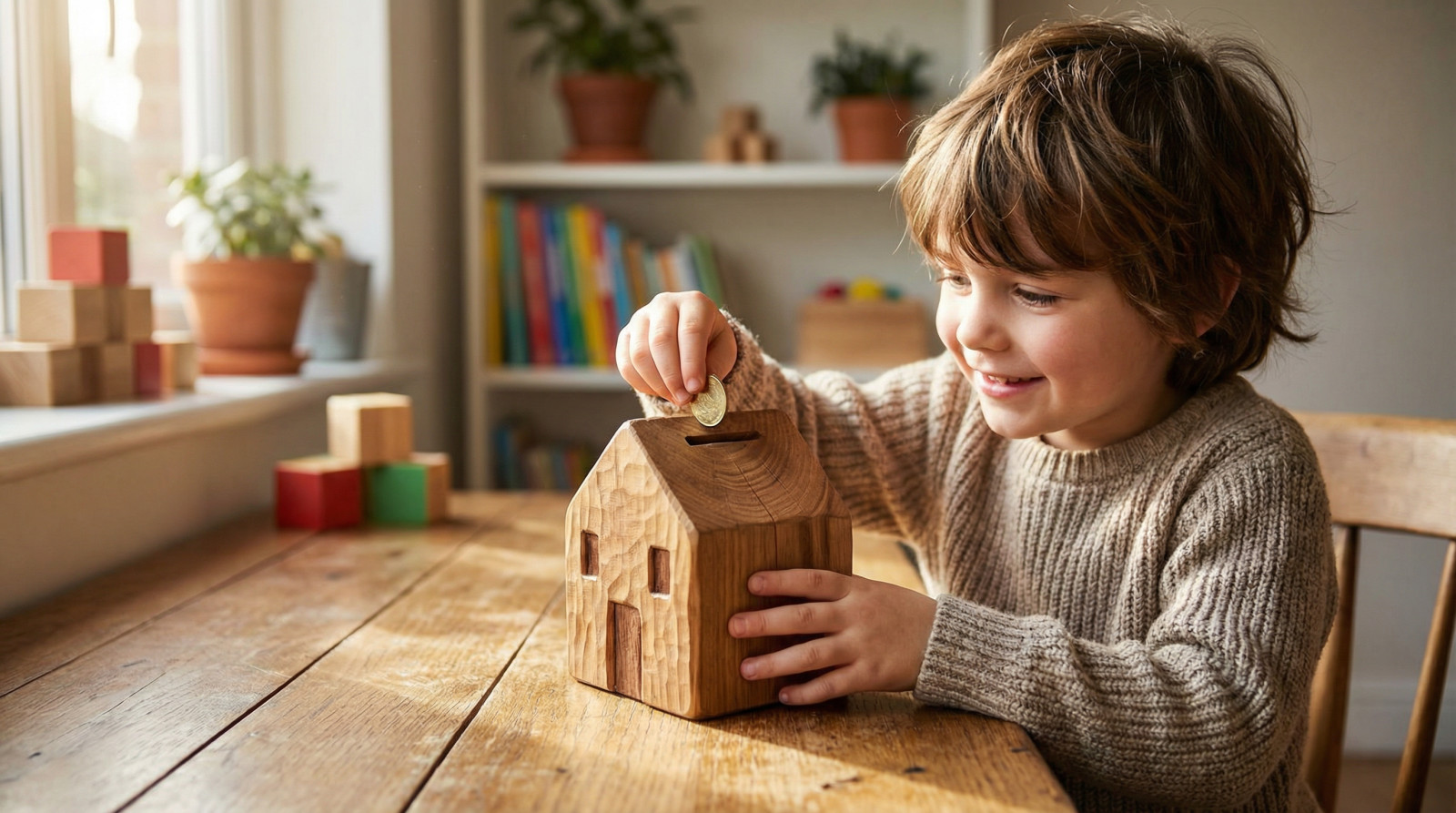 Smiling child placing coin into a wooden house piggy bank on a sunlit table, teaching financial literacy.
