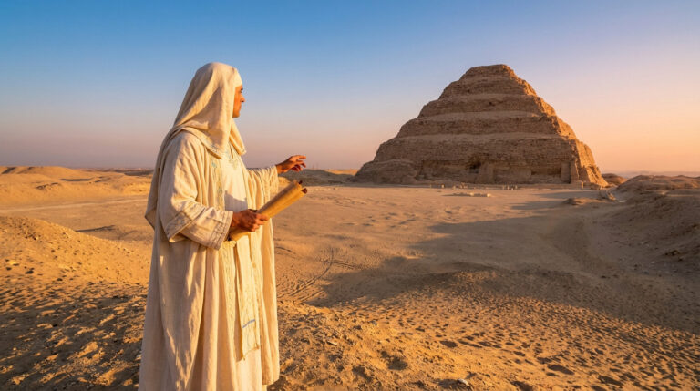Imhotep-like figure in white robes holds a scroll, gesturing at Djoser's Step Pyramid at dawn in Saqqara desert. Golden light, vast scene.