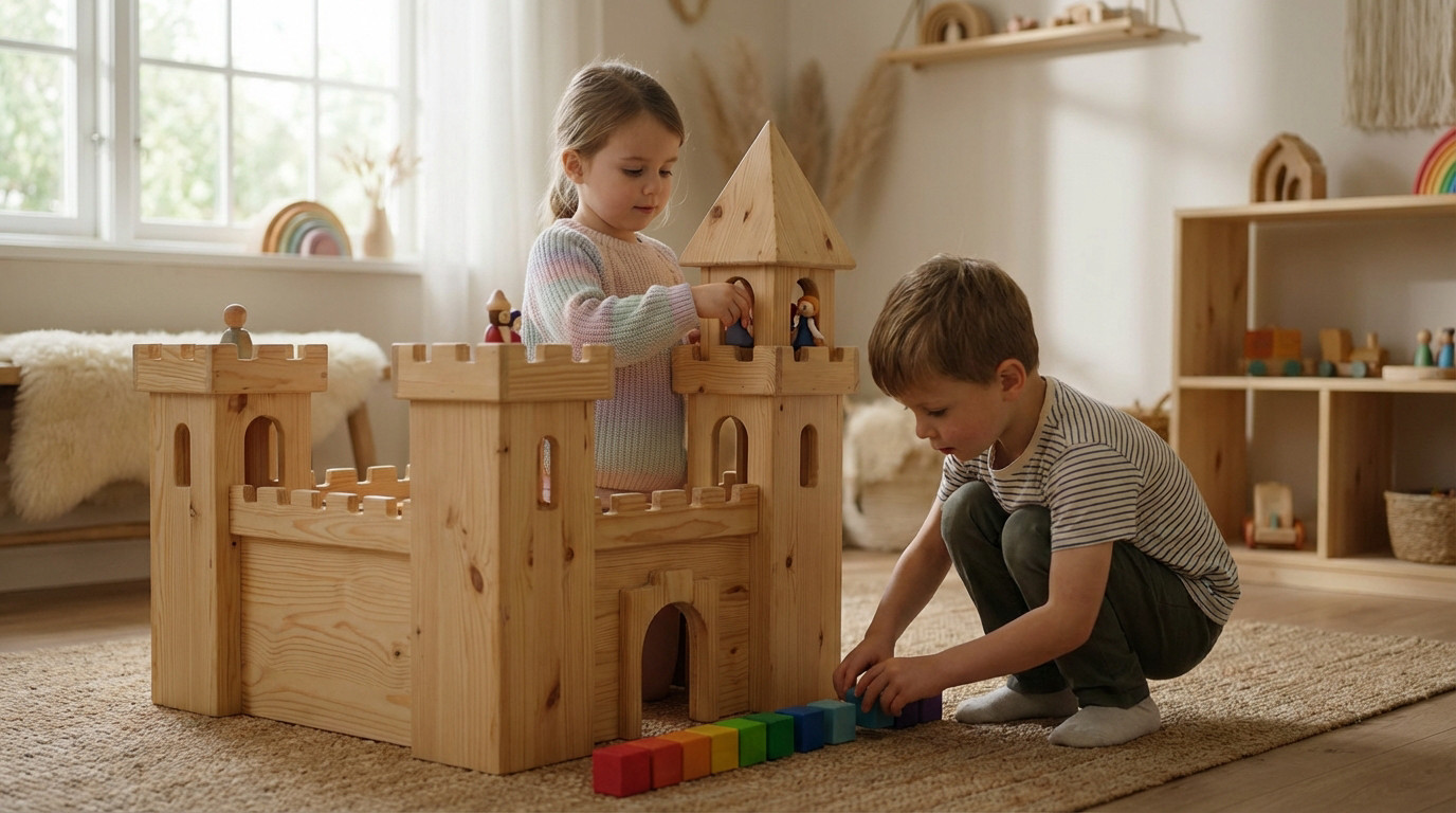 A girl and boy play with a detailed wooden castle, placing figures and arranging colorful blocks in a warm, sunlit playroom.
