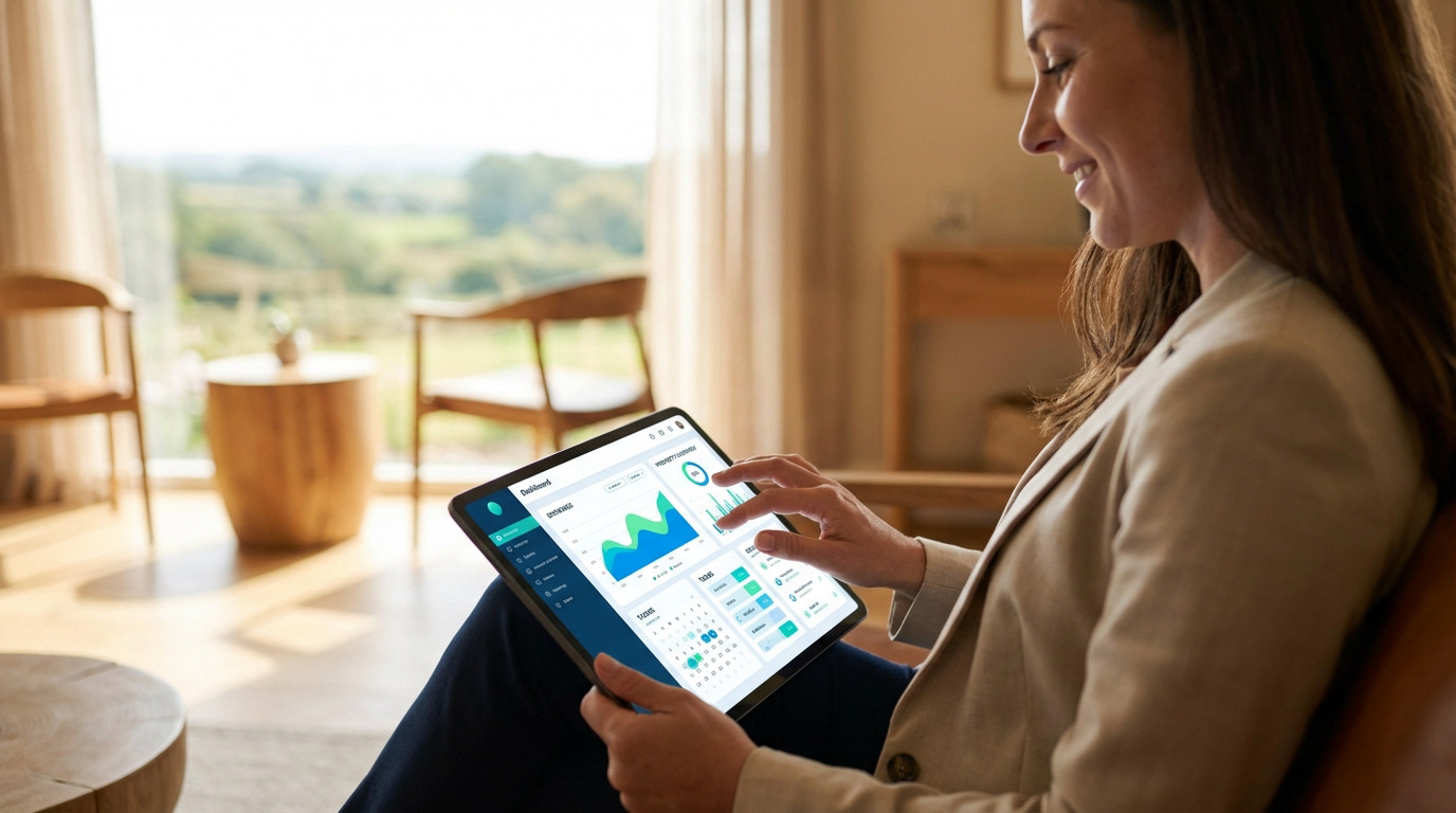 Smiling manager uses a tablet displaying a vibrant digital dashboard for property management, seated in a modern, well-lit room with a scenic view.