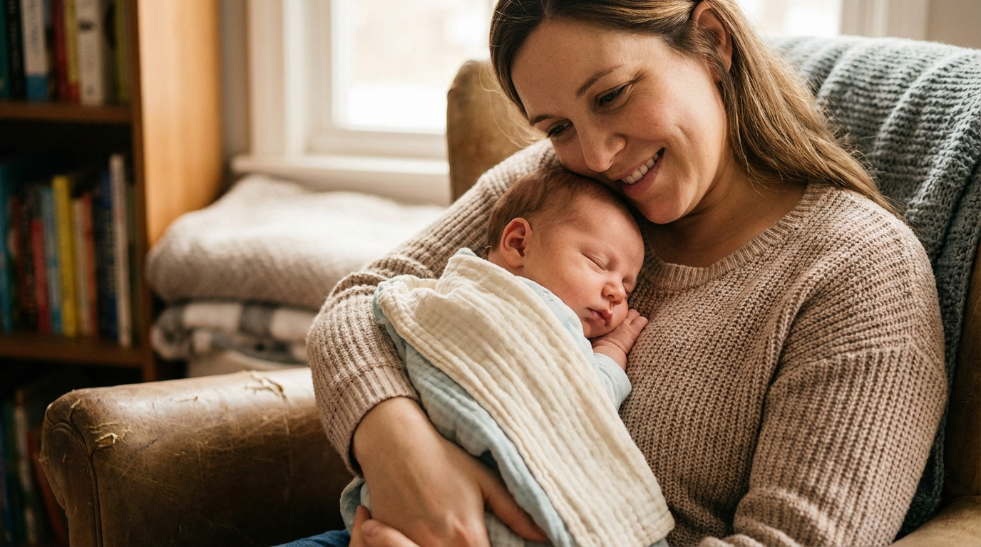 A smiling mother gently cradles her peacefully sleeping newborn in a cozy, warm-toned room, conveying tenderness and love.