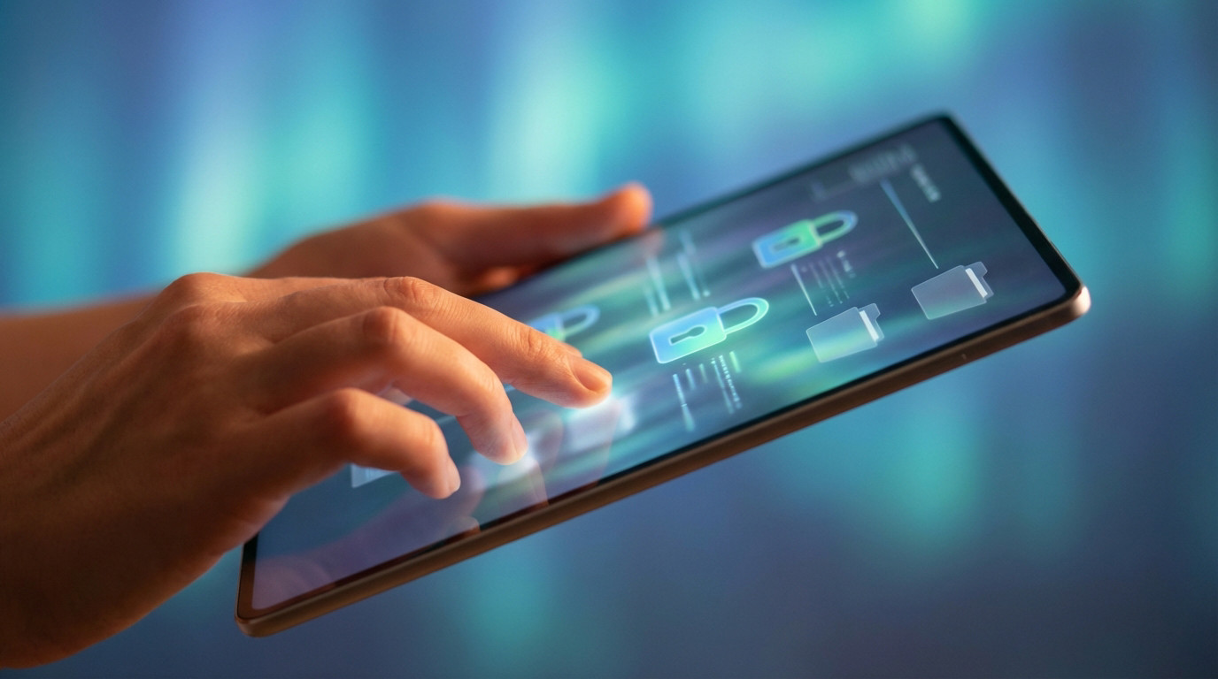 Anonymous hands touch a tablet screen with glowing lock icons and folders, signifying secure digital content.