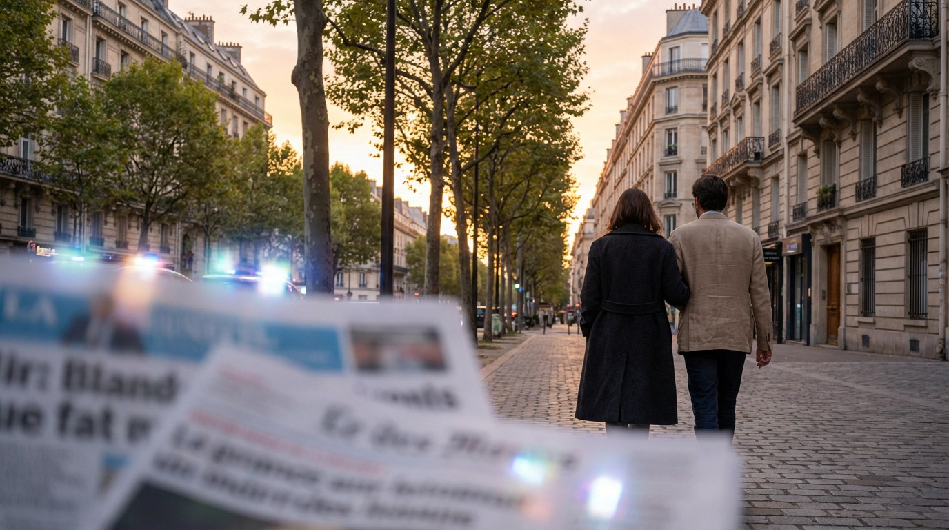 Deux figures discrètes marchent dans une rue parisienne Haussmannienne au crépuscule, des journaux flous en premier plan suggèrent le bruit médiatique.
