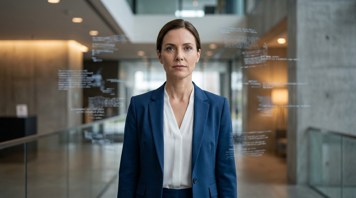 Professional woman in blue blazer stands resolutely against blurred background with faint, unreadable text, symbolizing truth against misinformation.