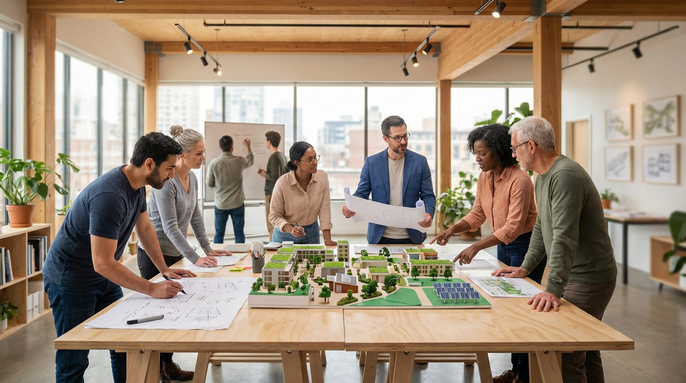 Diverse team in a bright workshop collaborating on a sustainable urban development model. People sketch, discuss, and review blueprints.