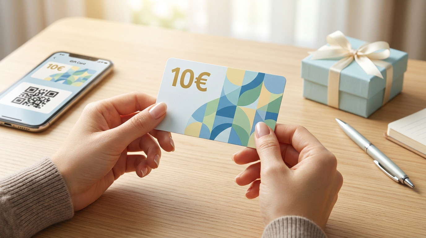 Hands hold a 10 Euro gift card with a geometric design. A smartphone displays a digital card and QR code, with a gift box and pen nearby.