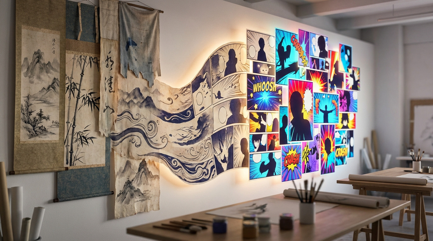 Instalação artística mostrando a transição da arte sumi-e tradicional para painéis de manga coloridos e dinâmicos, com um brilho suave.