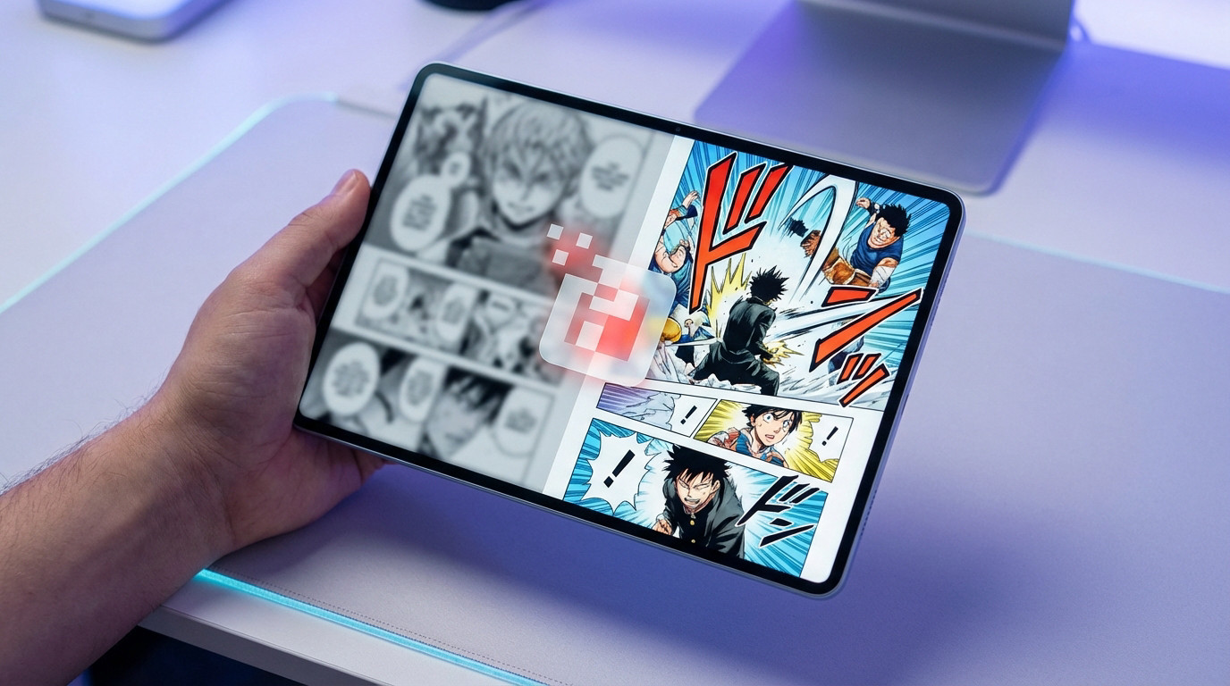 A hand holds a tablet displaying a split screen: blurred, blocked manga on the left; clear, vibrant manga on the right. Futuristic desk background.