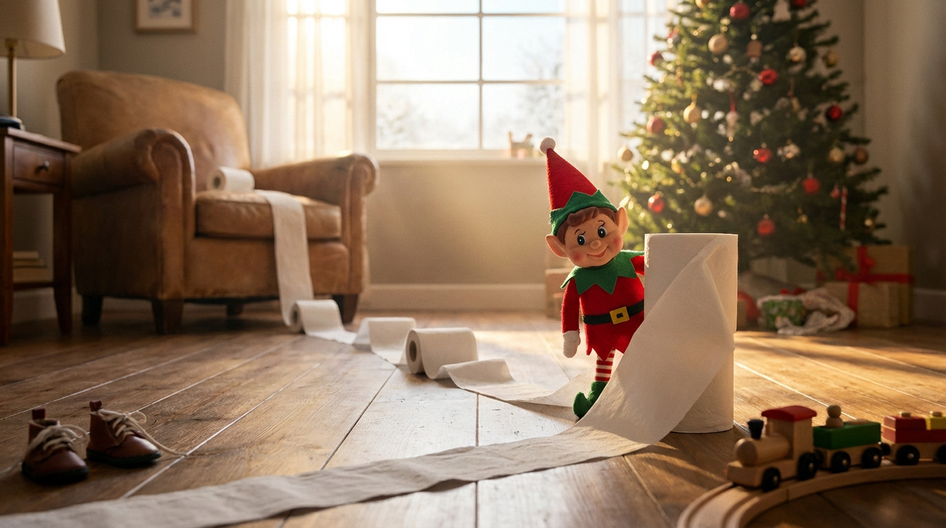 A mischievous elf doll peeks from behind a toilet paper roll unrolled across a cozy, sunlit living room floor with a Christmas tree.