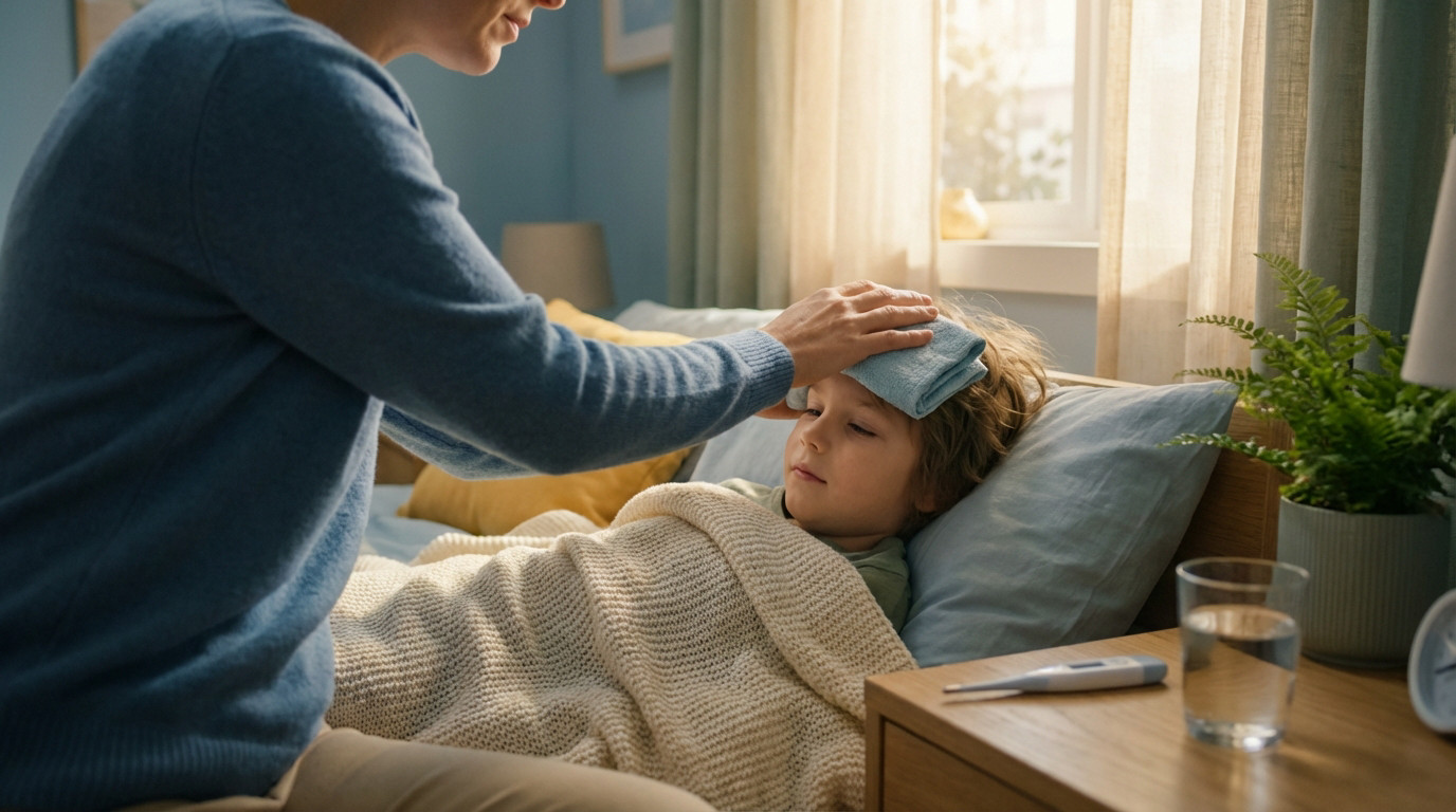 Adult comforts sick child in bed with a cool cloth. Softly lit bedroom with thermometer, water, and plant on nightstand.