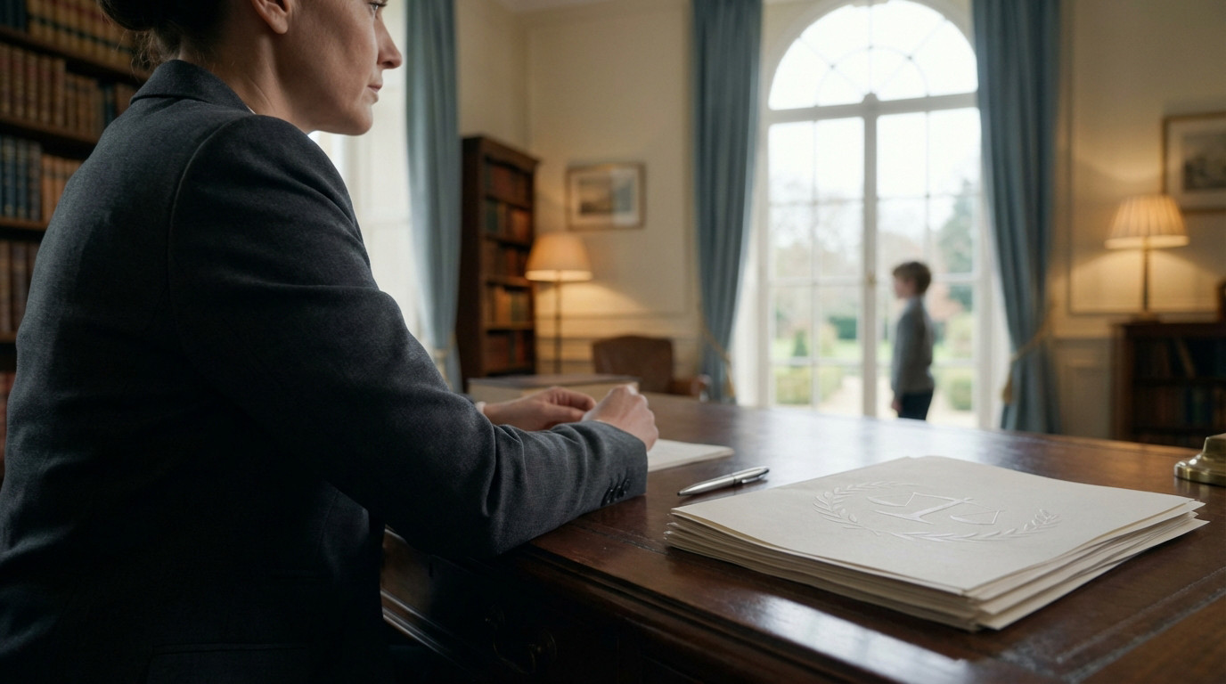 Woman at polished desk, contemplating legal documents with scales motif. Blurred child in window symbolizes family decisions.
