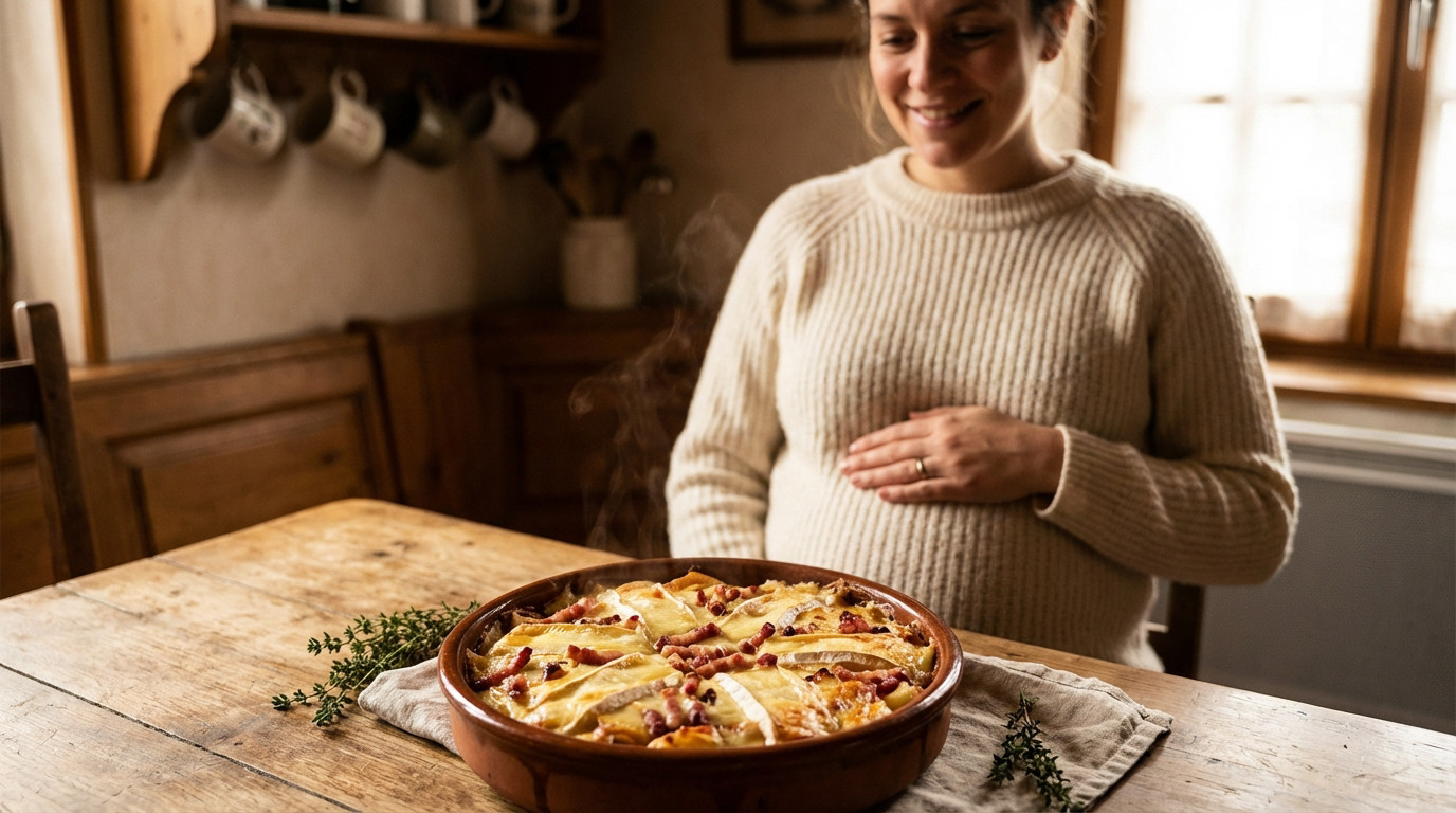 A steaming, golden-brown tartiflette in a rustic dish on a wooden table. In the soft background, a smiling pregnant woman gently holds her belly, gazing at the food in a cozy kitchen.