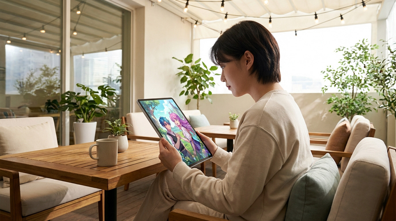 A person reads a vibrant webtoon on a tablet, seated comfortably on a modern patio with plants and string lights. The screen shows two characters.
