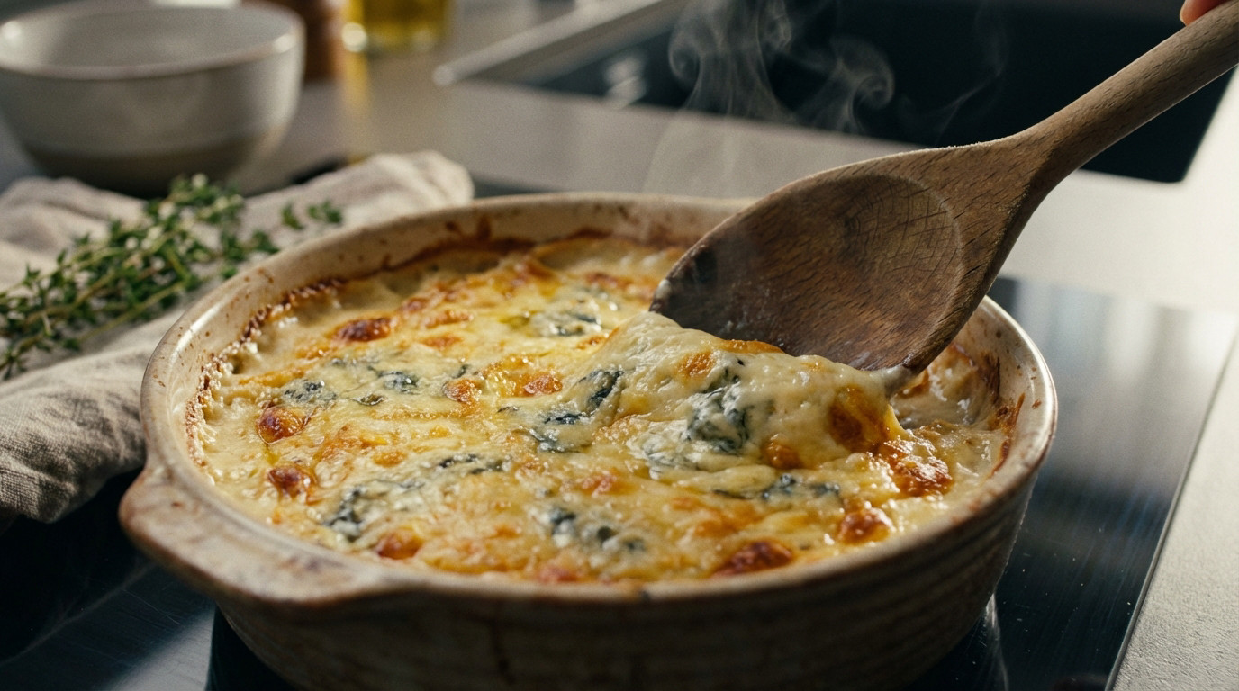 Close-up of a bubbling, oven-baked gorgonzola dish in a rustic bowl. A wooden spoon stirs the creamy, golden-brown cheese, with steam rising. Thyme sprigs and a towel are blurred in the background.
