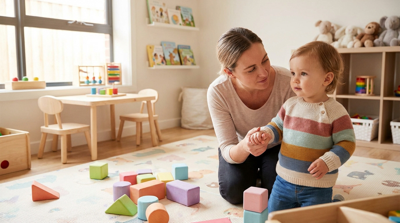 A warm caregiver holds a toddler's hand in a bright daycare with colorful blocks, soft mat, and natural light.