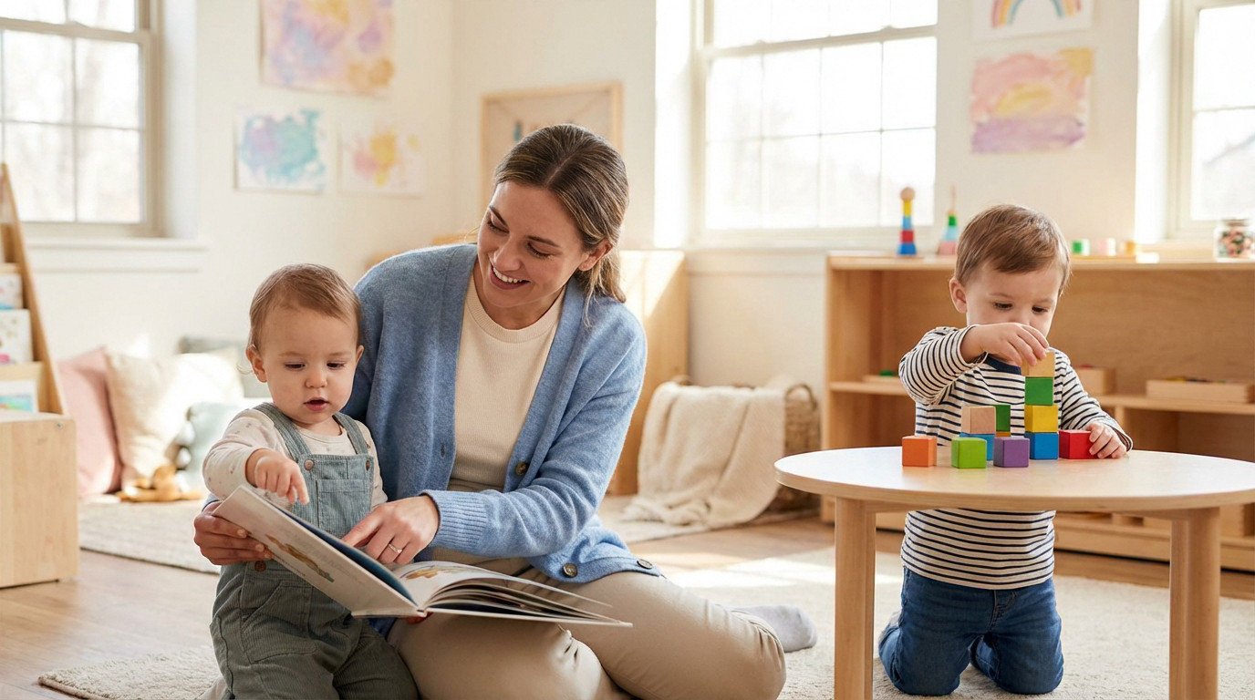 Female educator reads to one toddler, another plays with blocks in a bright, warm early childhood classroom.