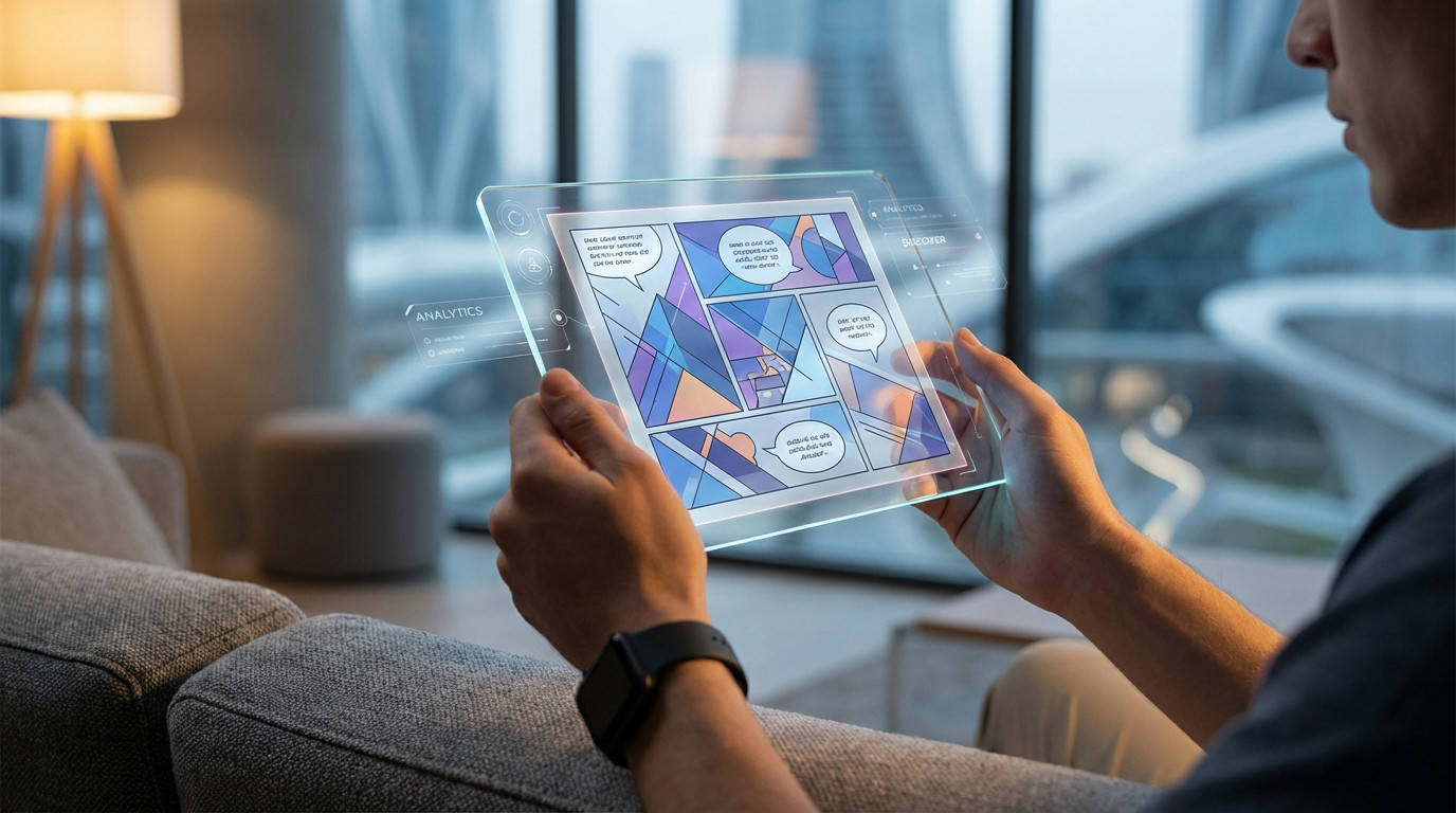 Hands holding a glowing transparent tablet displaying abstract graphic novel panels and futuristic UI in a modern, well-lit lounge.
