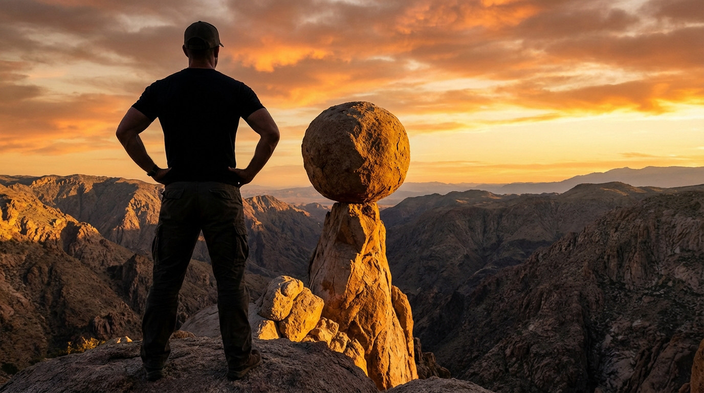 Muscular figure in dark attire overlooks a dramatic mountain sunset with an impossibly balanced spherical boulder on a thin rock pedestal.