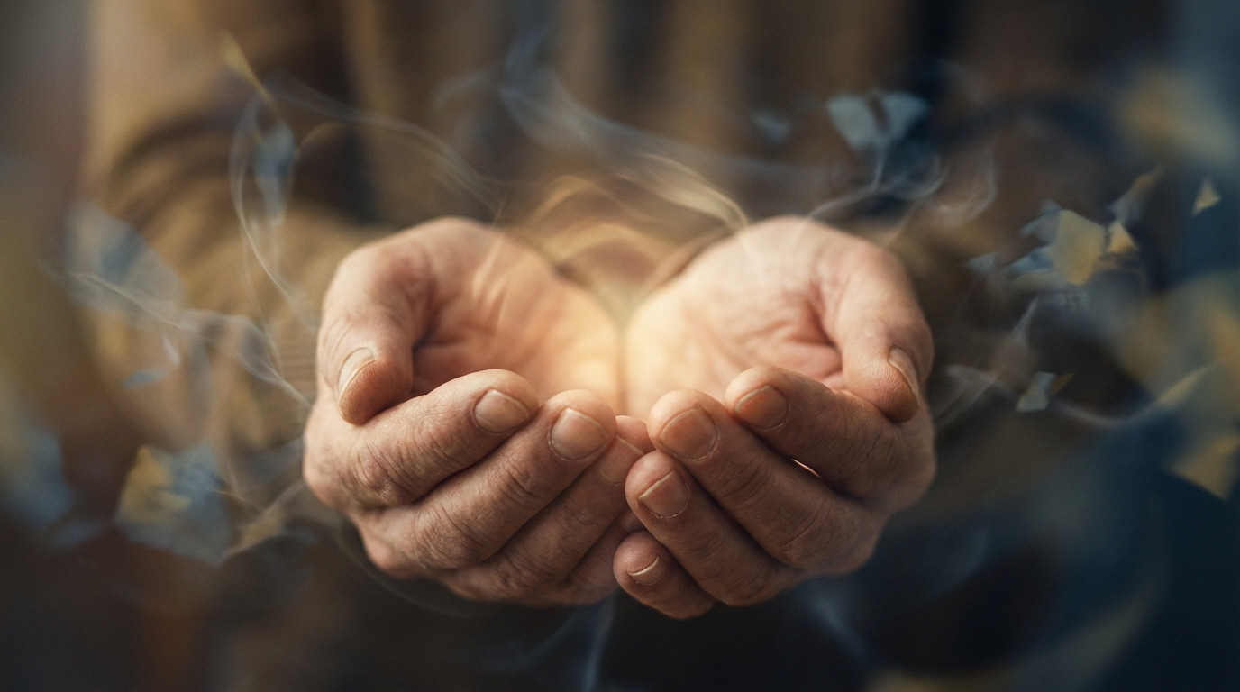 Cupped hands hold a warm golden glow, surrounded by ethereal wisps and blurred shapes, evoking quiet discovery and revelation.