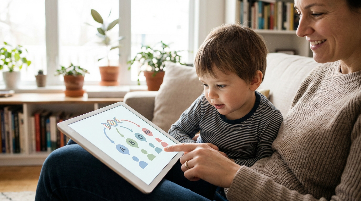 An adult and child seated, looking at a tablet displaying a colorful infographic about blood type inheritance in a warm home.