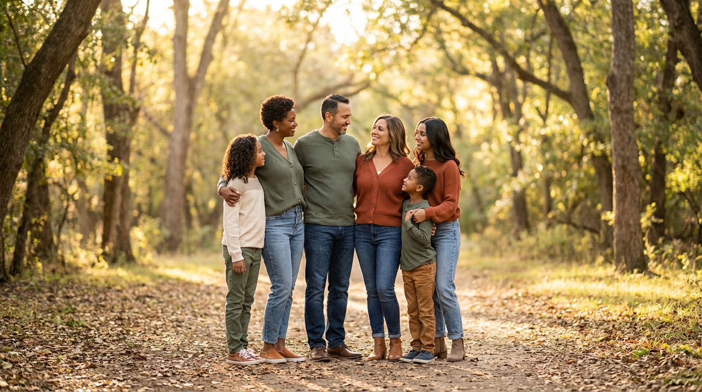 Diverse family of six (adults, children) in a sunlit wooded park at golden hour, wearing casual clothes, sharing warm smiles and unity.