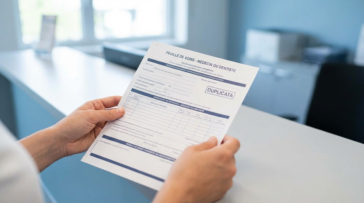 Mains tenant une feuille de soins médicale française (duplicata) dans un bureau moderne. Fond flou, ambiance sereine.