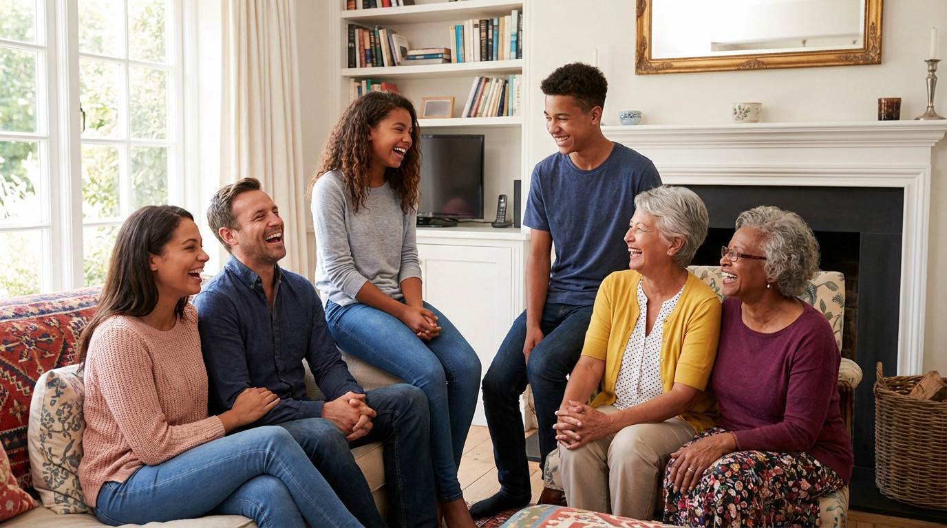 Diverse, multi-generational family laughing joyfully in a bright living room. Parents, teens, and grandparents share a happy moment.