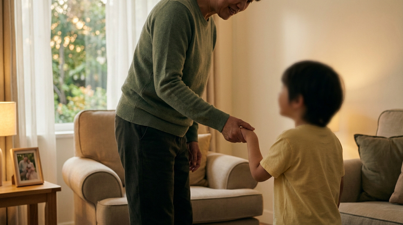 An adult gently holds a child's hand in a softly lit living room. The adult smiles tenderly, child looks secure. Blurred garden window and family photo in background.