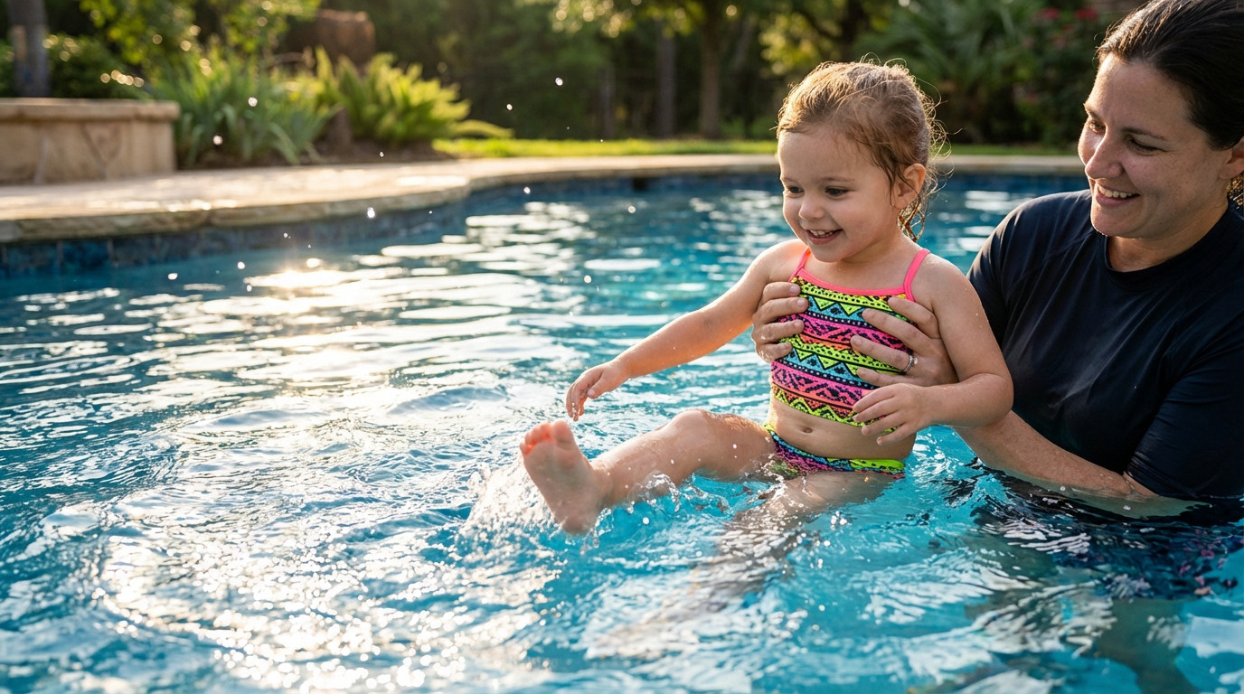 Joyful child (4-6) in bright swimwear splashes in a sunlit pool, gently held by a smiling adult. Outdoor fun and learning.