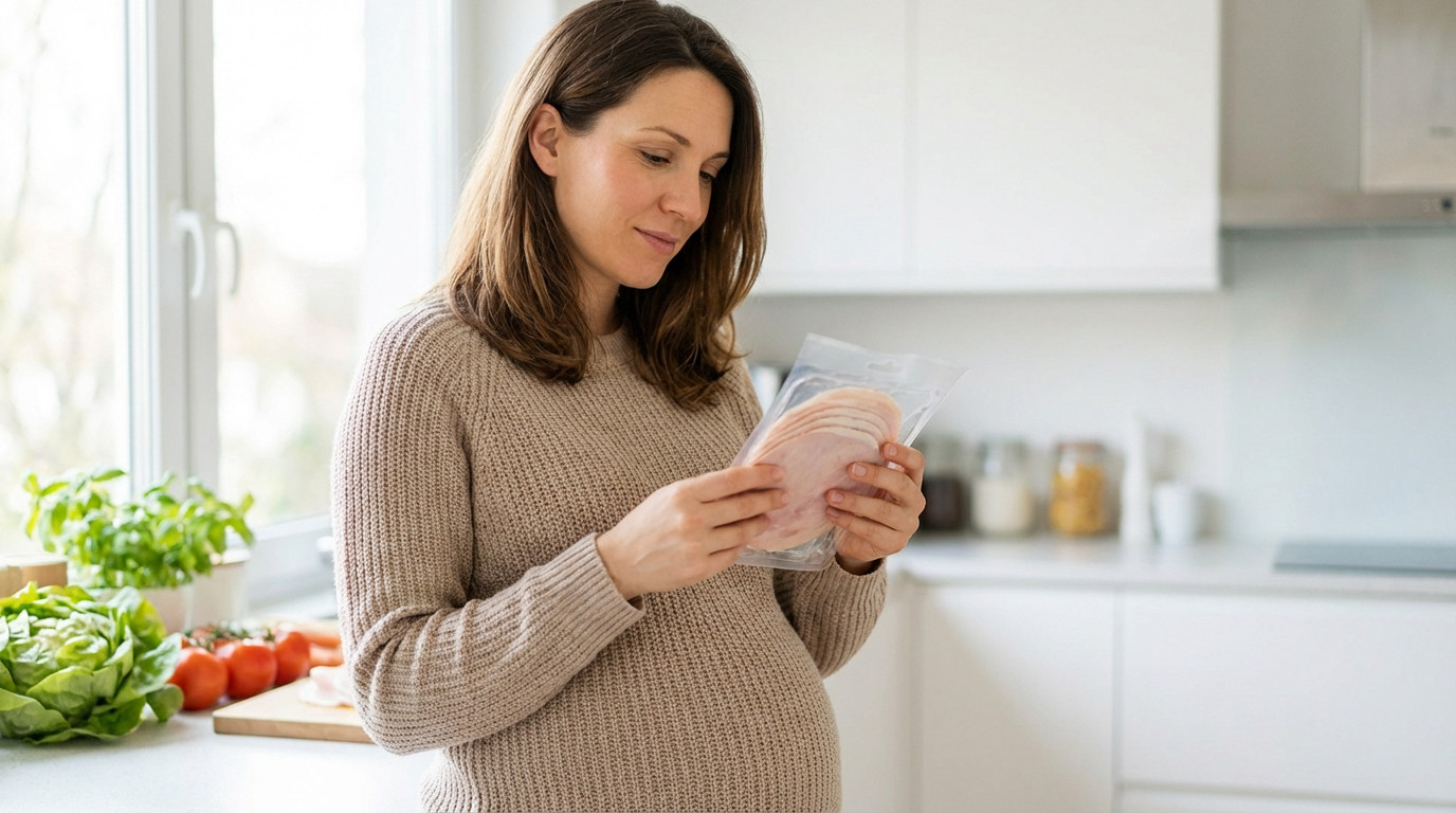A pregnant woman in a modern kitchen holds a package of sliced ham with a thoughtful expression, bathed in natural light.