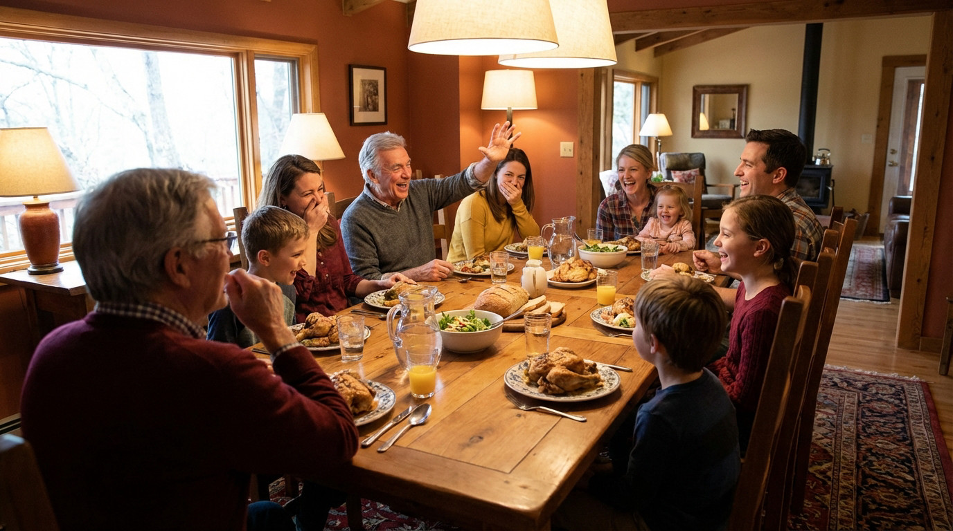 A multi-generational family shares a joyful meal at a warm dining table, laughing heartily. An older man gestures playfully while others react.