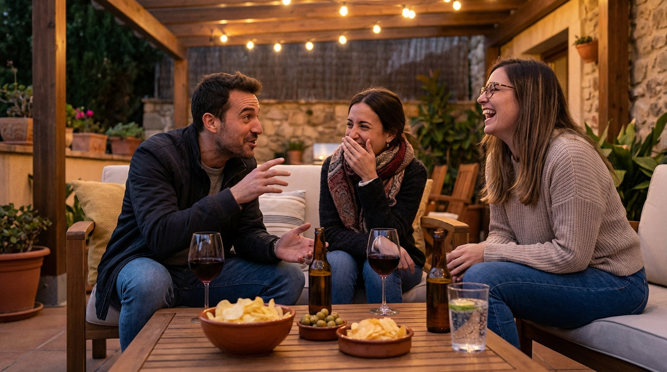 Three friends sharing jokes and laughing heartily at an outdoor apéro on a cozy patio with string lights, snacks, and drinks.