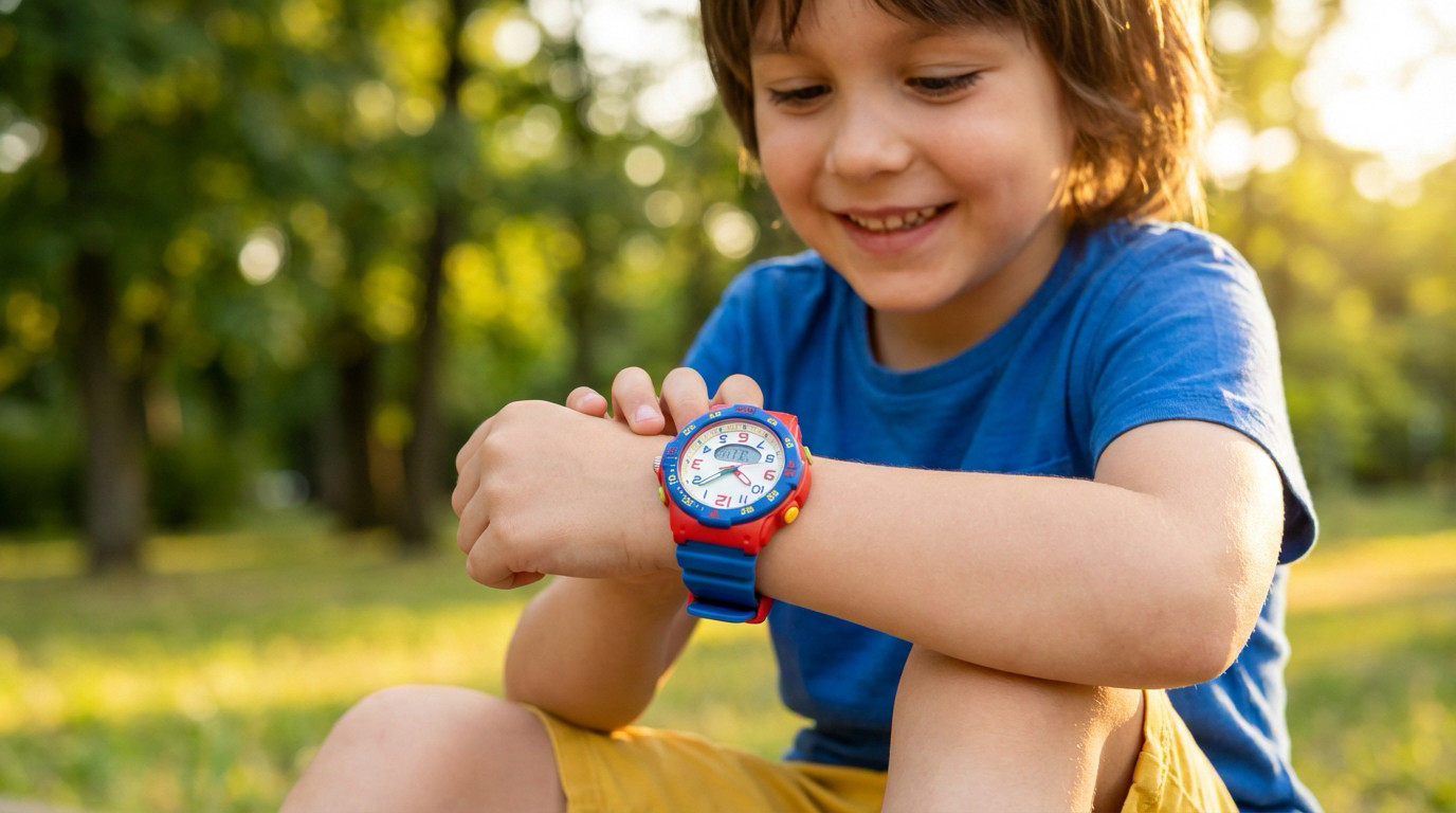 A happy child, 7-9, smiles while looking at a vibrant red and blue watch on their wrist in a sunlit park, blurred green background.
