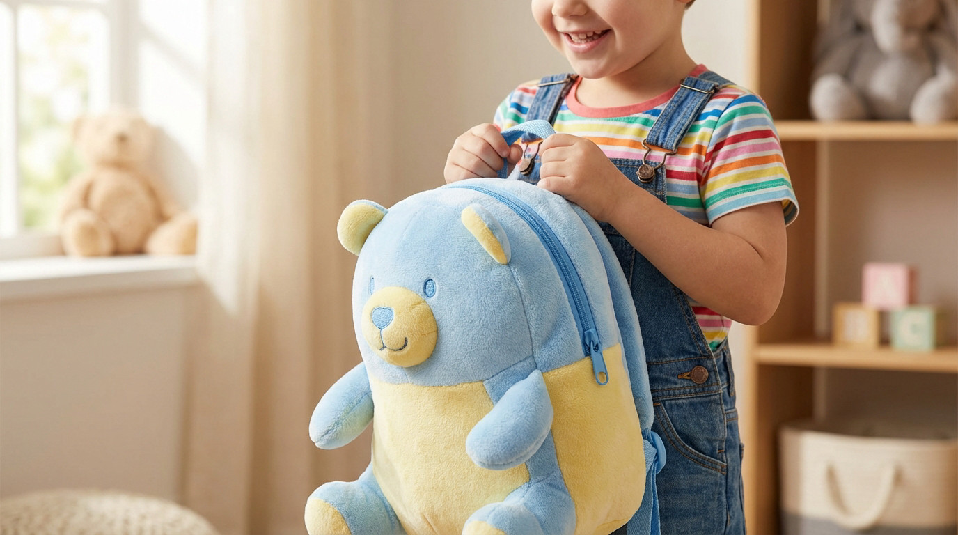 A smiling child in overalls holds a soft blue and yellow bear backpack in a sunlit room with blurred toys.