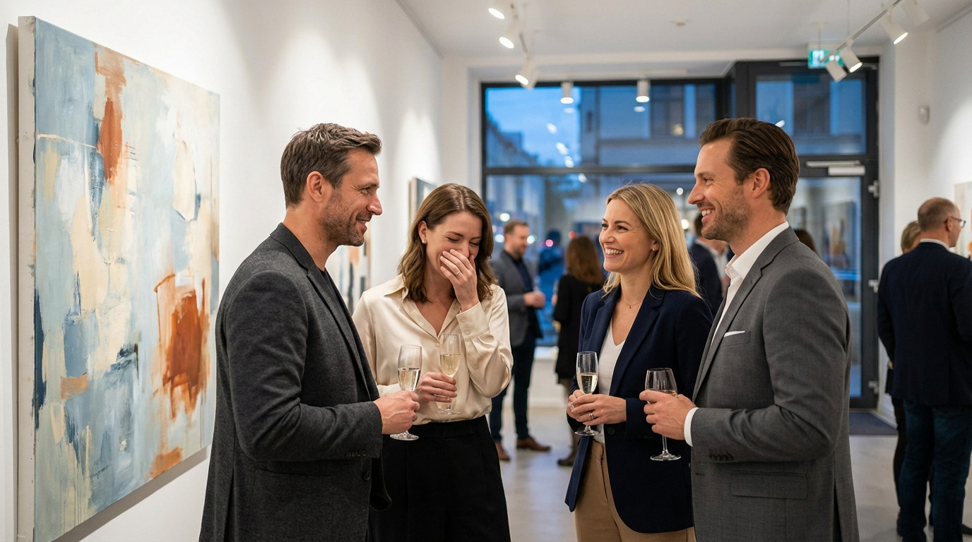 Four elegantly dressed individuals laugh and smile while holding champagne glasses at a modern art gallery opening, with abstract art on the wall.