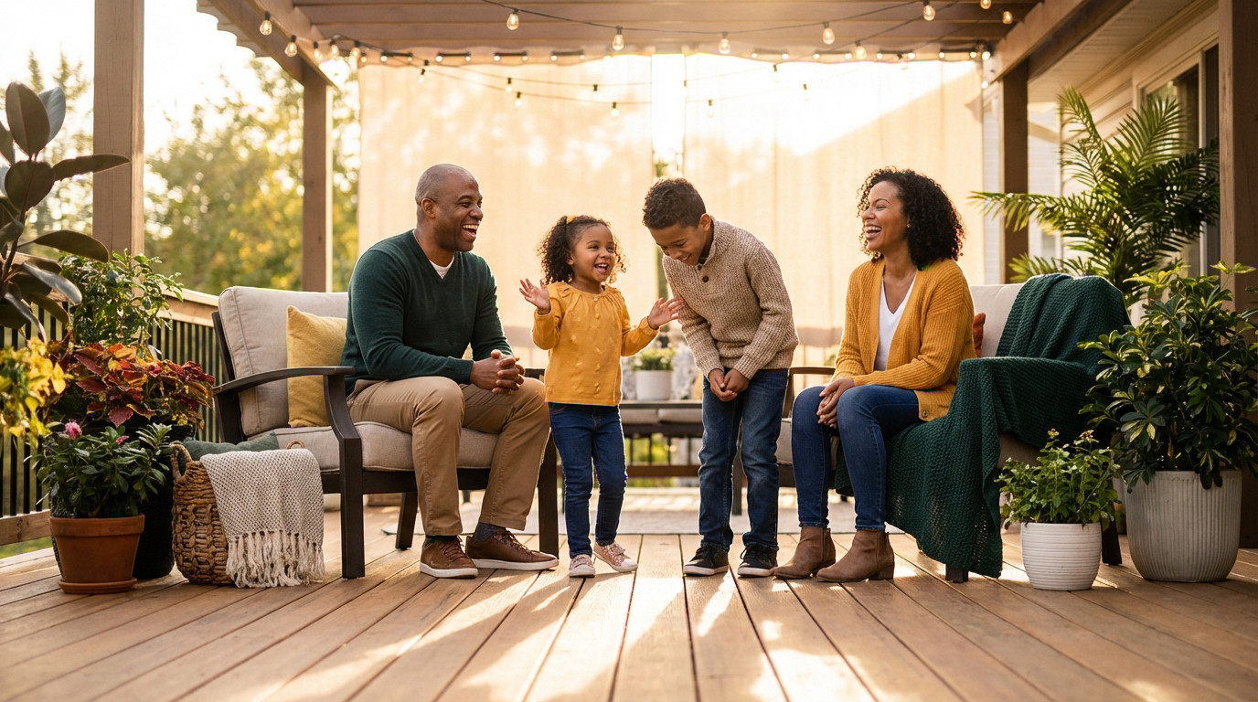 A diverse family of four, two adults and two children, laughing joyfully on a warm, sunlit outdoor patio at sunset.