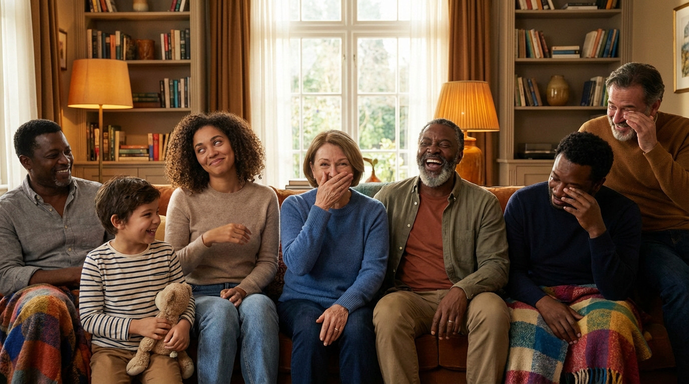 Diverse group of adults and a child laughing on a sofa in a warm living room, some covering mouths, others with exaggerated mirth.