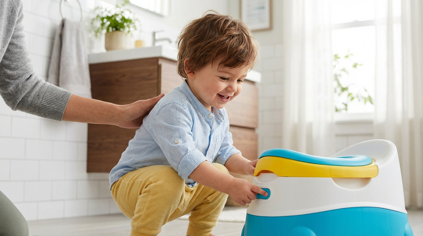 Happy toddler interacting with a colorful potty in a bright bathroom, an adult's hand gently on their back, offering support.