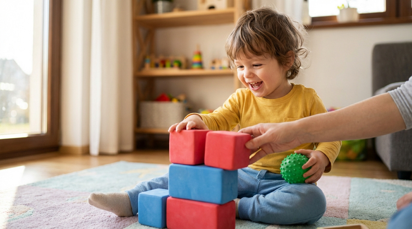 A joyful toddler with curly hair smiles, stacking red and blue soft blocks on a rug. An adult hand assists in a bright playroom.