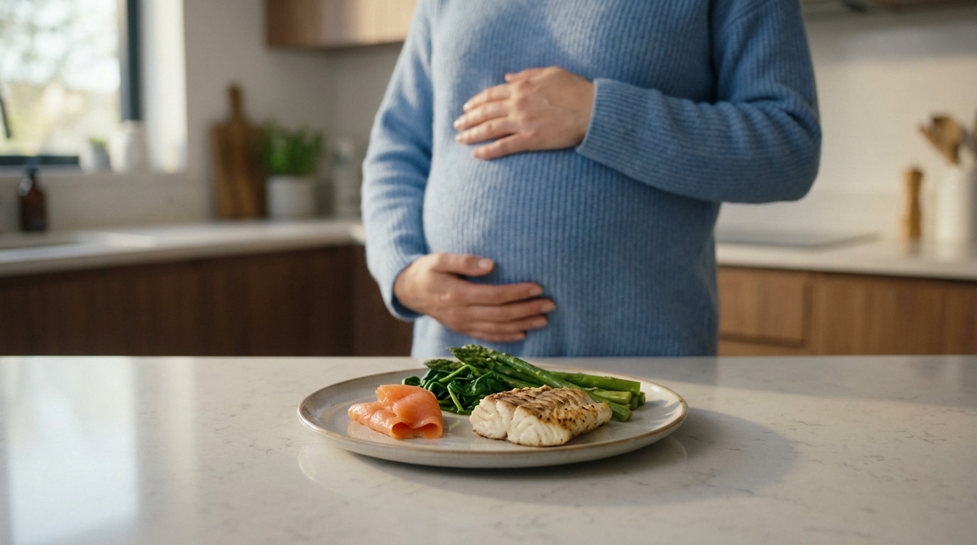 Pregnant person's hands on belly, contemplating a plate with smoked salmon, grilled white fish, spinach, and asparagus.