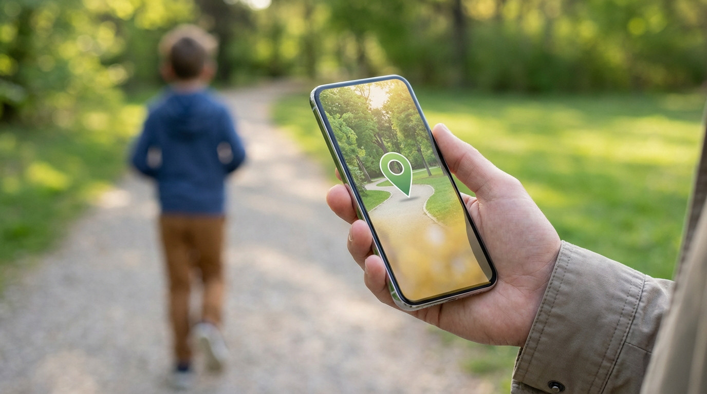 Adult hand holds smartphone with map app showing a green pin on a park path. Blurred child walks ahead in soft-focus background.