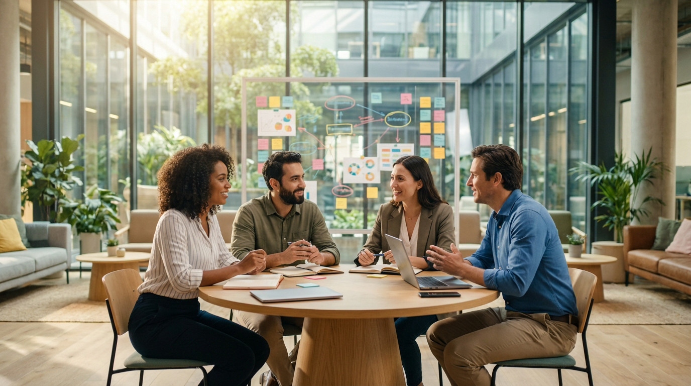 Four diverse professionals smiling and collaborating around a table in a bright, modern co-working space with a whiteboard and plants.