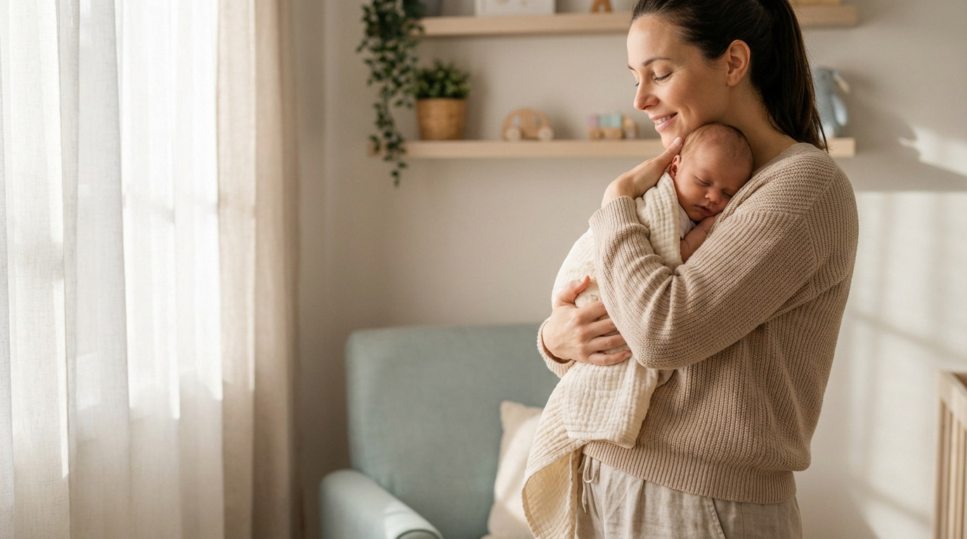 A mother with a warm smile cradles her peacefully sleeping infant in a cozy, sunlit nursery, evoking love and serenity.