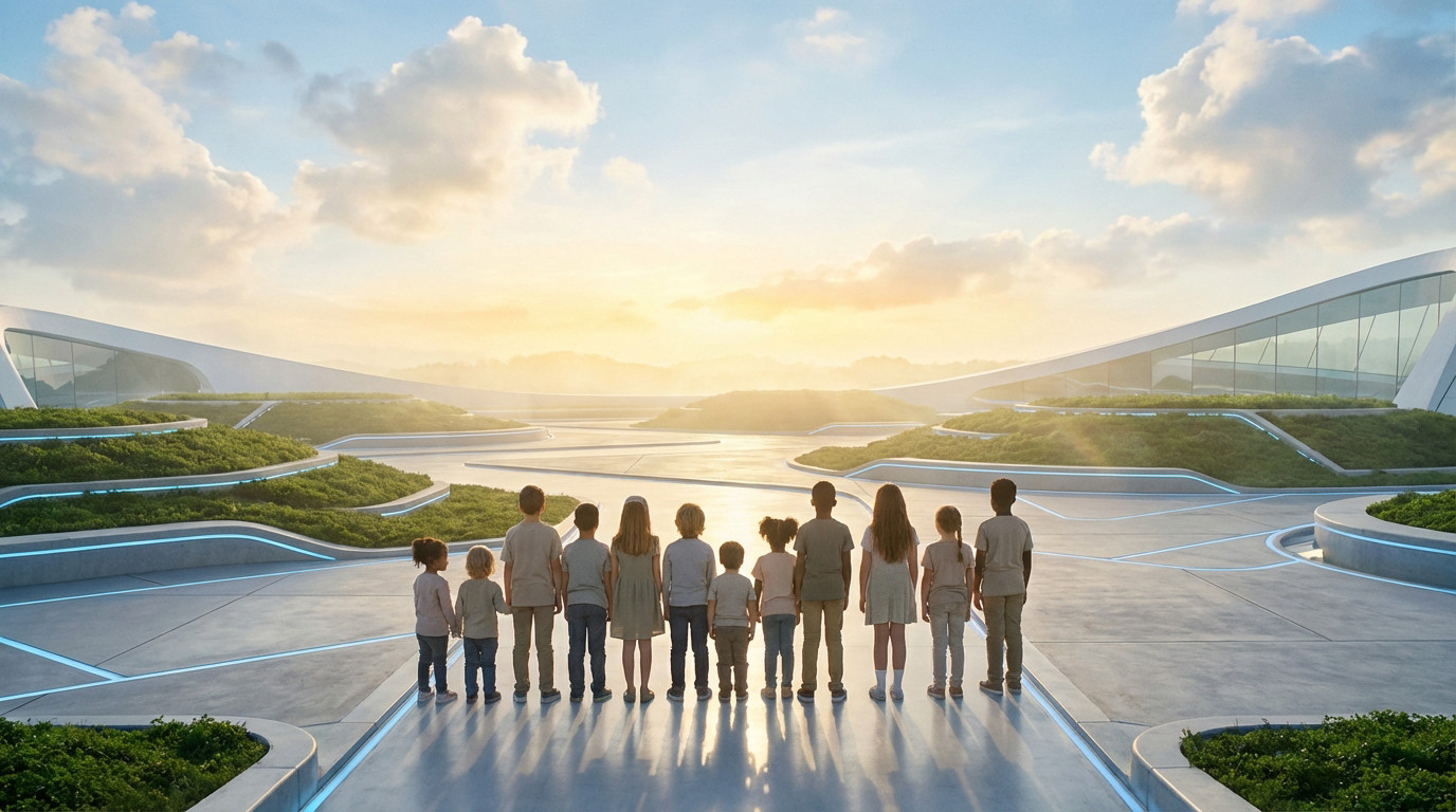 Diverse children face a bright horizon in a futuristic landscape with minimalist architecture and green spaces.