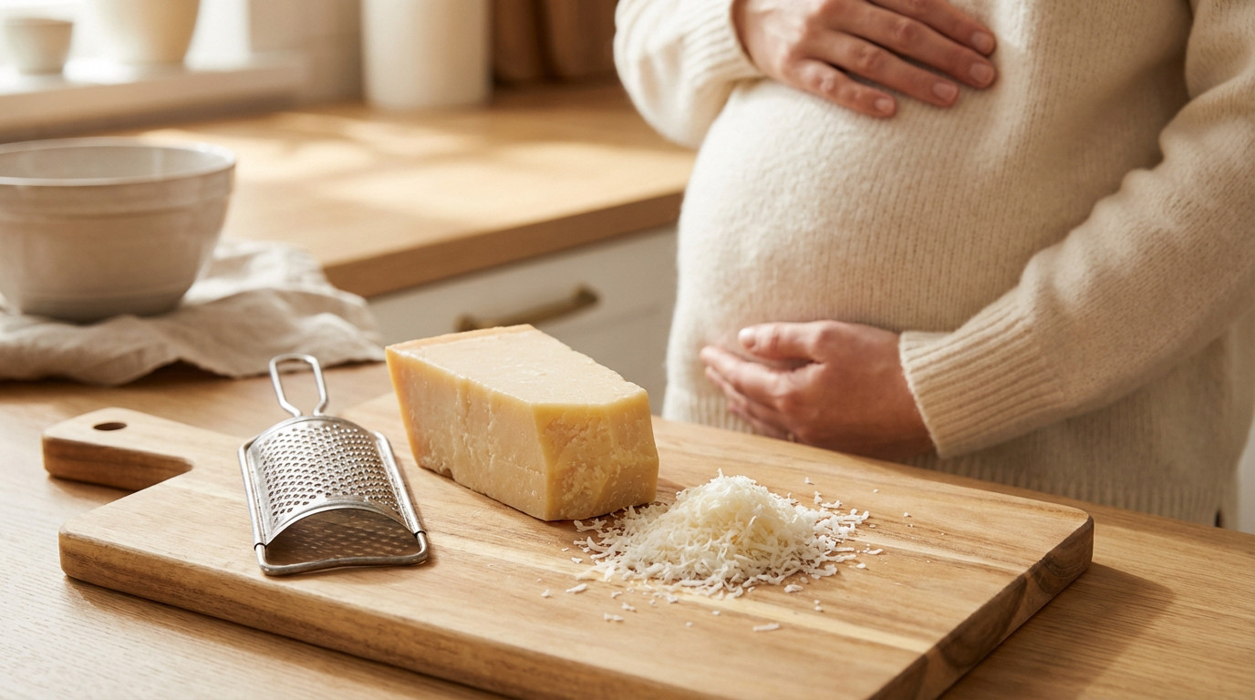 Authentic Parmesan, partially grated, on a wooden board with a grater. A pregnant woman's hands cradle her belly in the soft background.